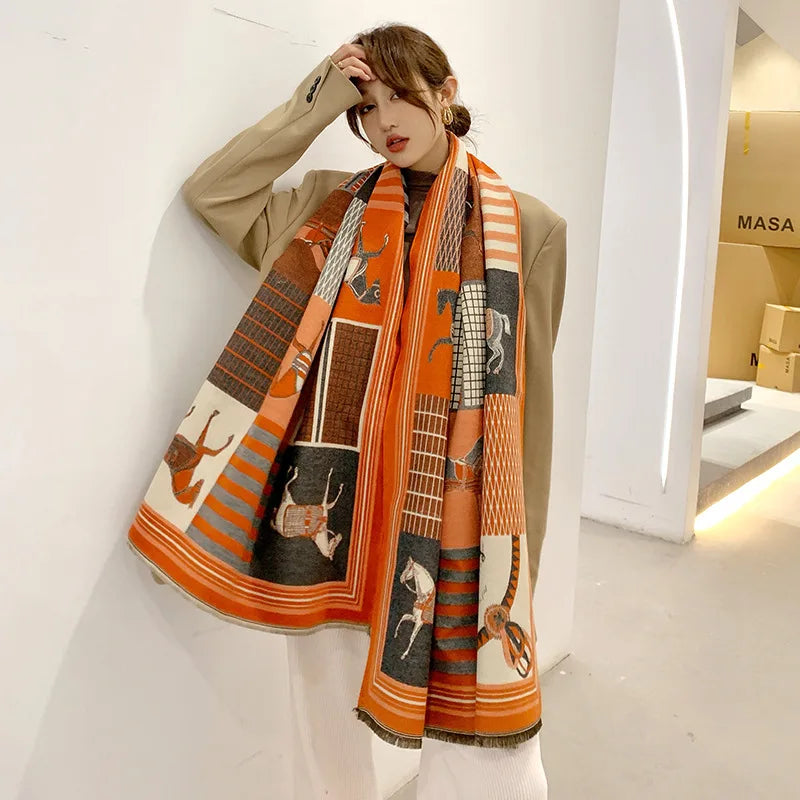 Luxury Cashmere Scarf – Thick Horse Print Winter Shawl for Women, Warm & Elegant Gift