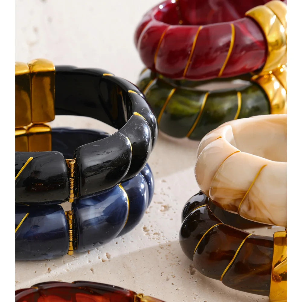 Yhpup Multi-Color Resin Statement Bracelet – Wide Acrylic Bangle with Stainless Steel Accents