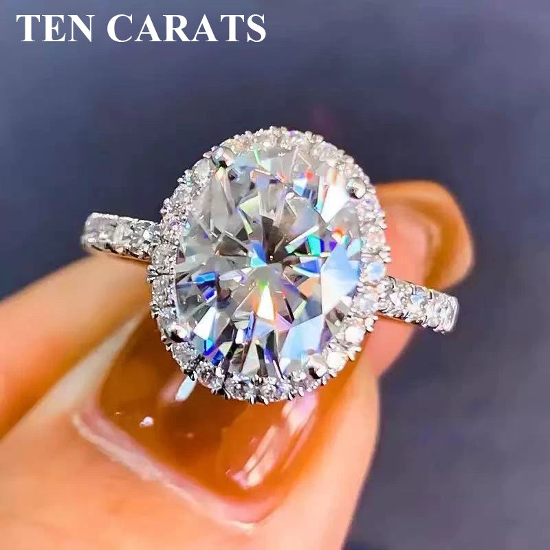 TEN CARATS Moissanite Ring – S925 Silver, 18K White Gold, Round VVS 0.5–2 ct Wedding Luxury Jewelry