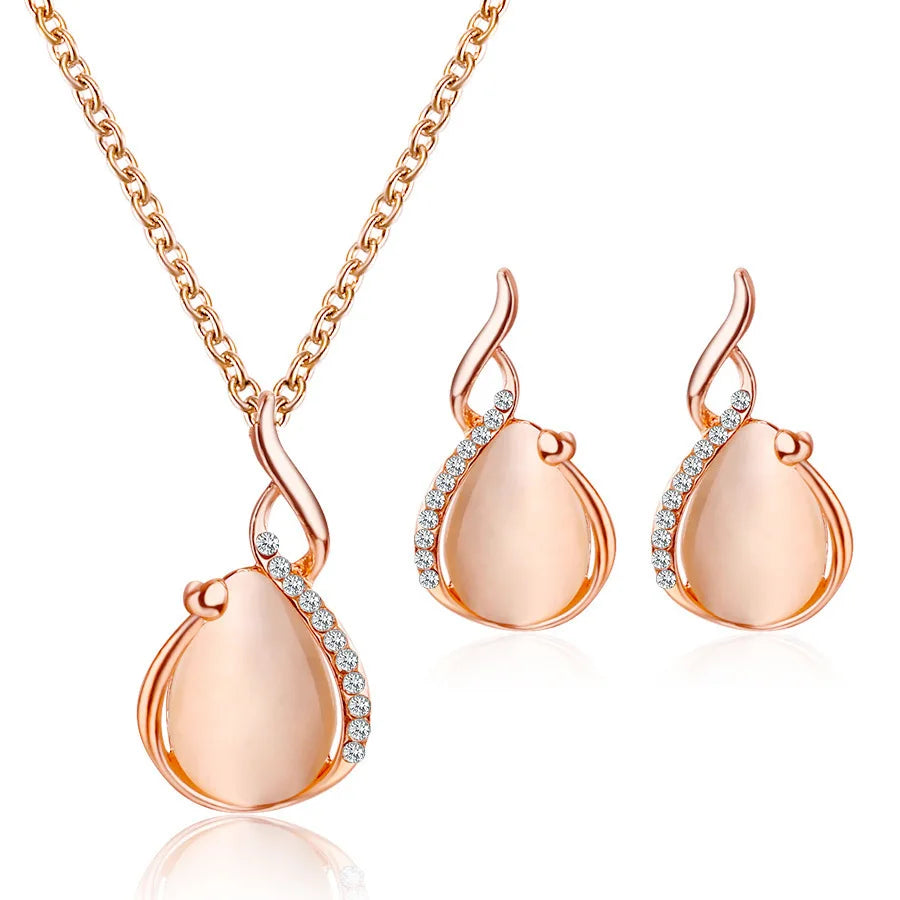 3-Piece Waterdrop Rhinestone Jewelry Set – Elegant Pendant Necklace & Hook Earrings