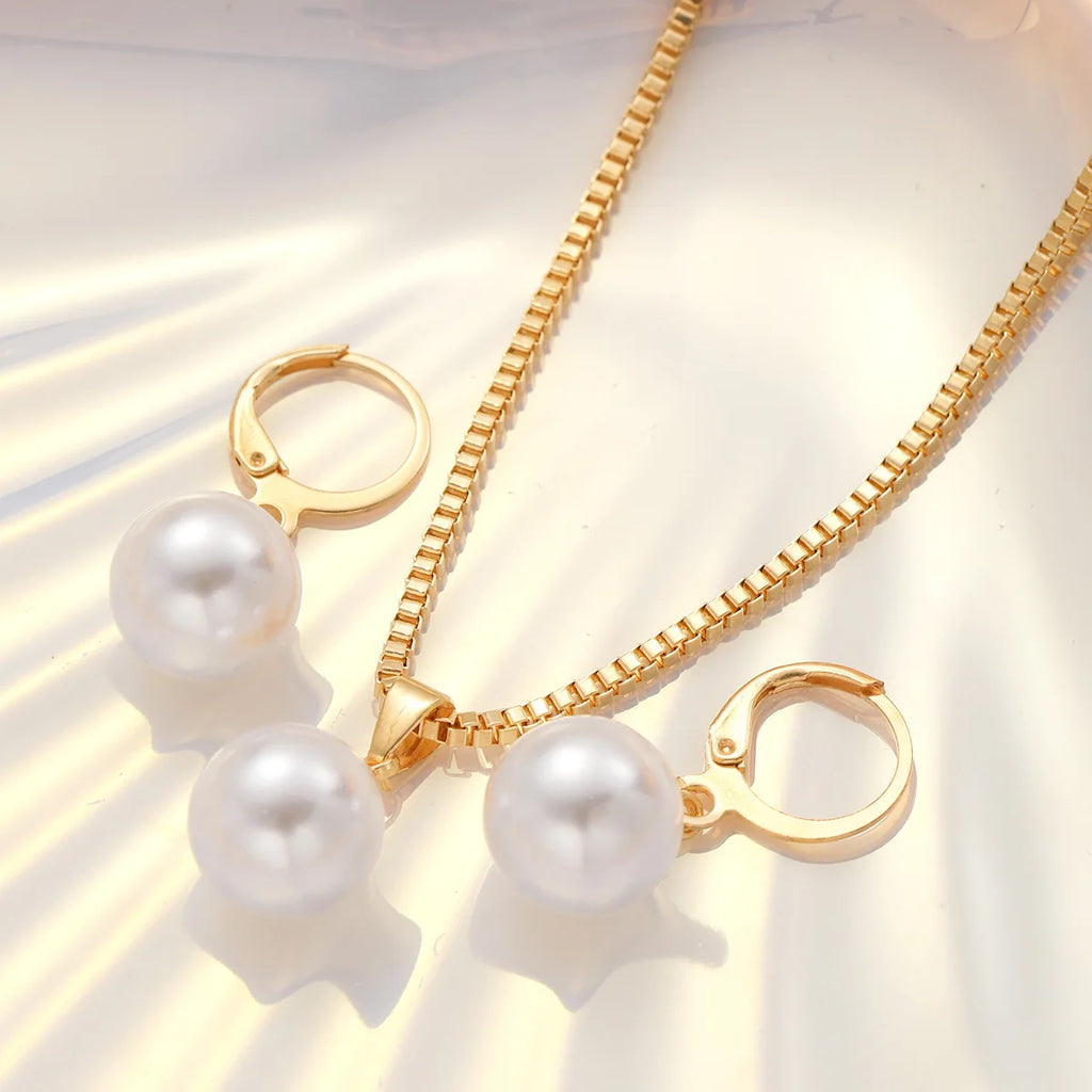 Fashion Pearl Jewelry Set – Simple Dainty Necklace & Dangle Earrings for Daily Wear or Parties