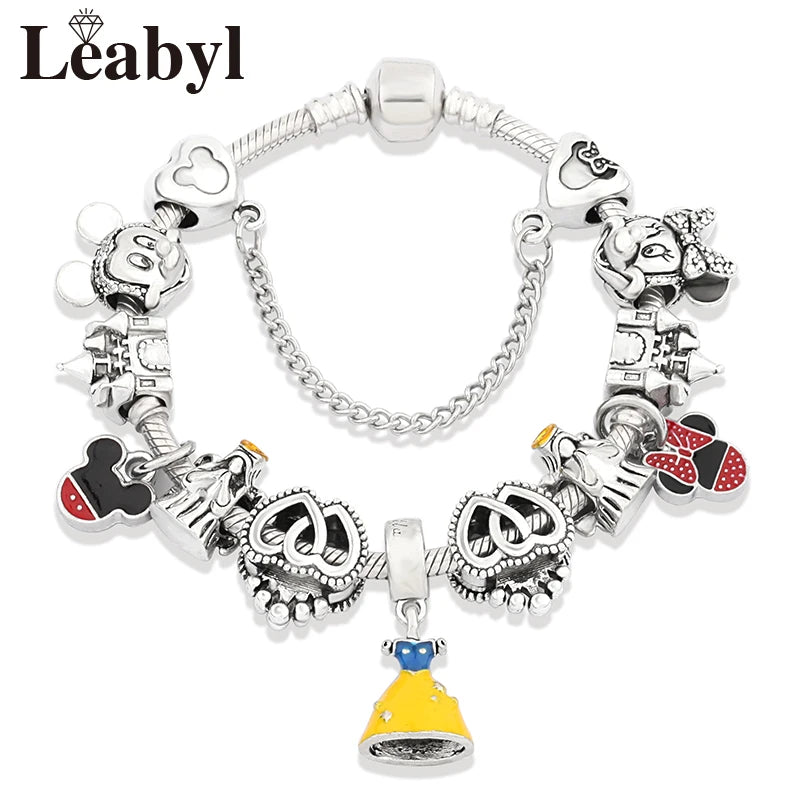 Disney Pink Crystal Charm Bracelet – Colorful Handmade Enamel Beads for Women