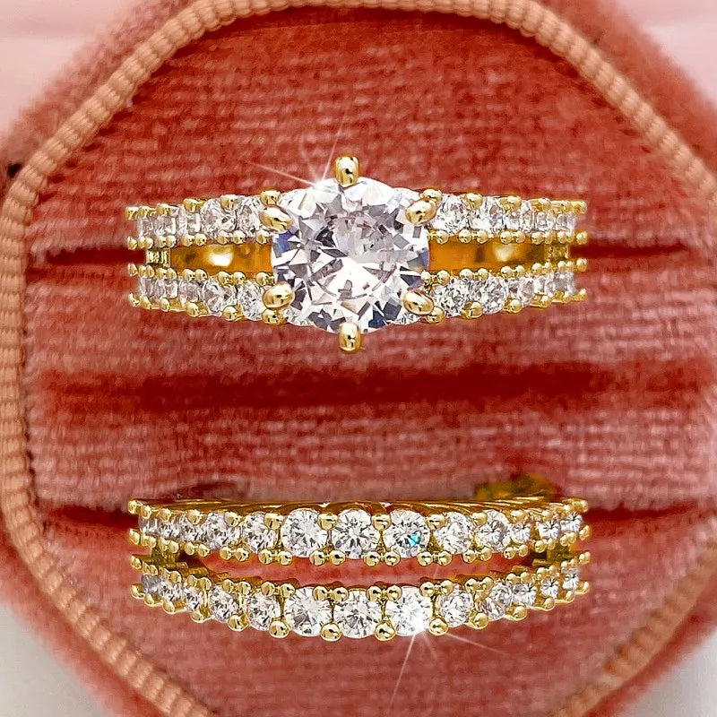 Huitan Hollow Bling Ring Set – 2-Piece Iced-Out CZ Luxury Wedding & Engagement Style