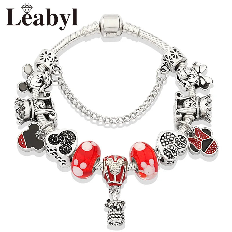 Disney Pink Crystal Charm Bracelet – Colorful Handmade Enamel Beads for Women
