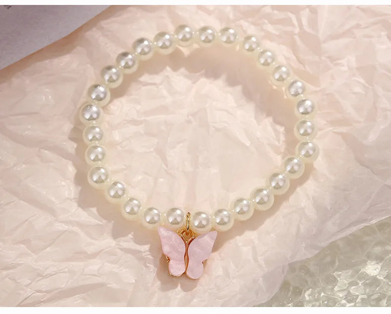 4-Piece Butterfly Jewelry Set – Imitation Pearl Necklace & Earrings for Women and Girls