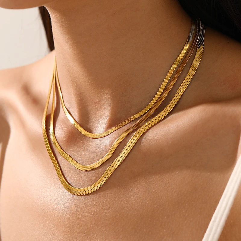 Flat Snake Chain Choker – Unisex Stainless Steel Herringbone Necklace in Gold or Silver
