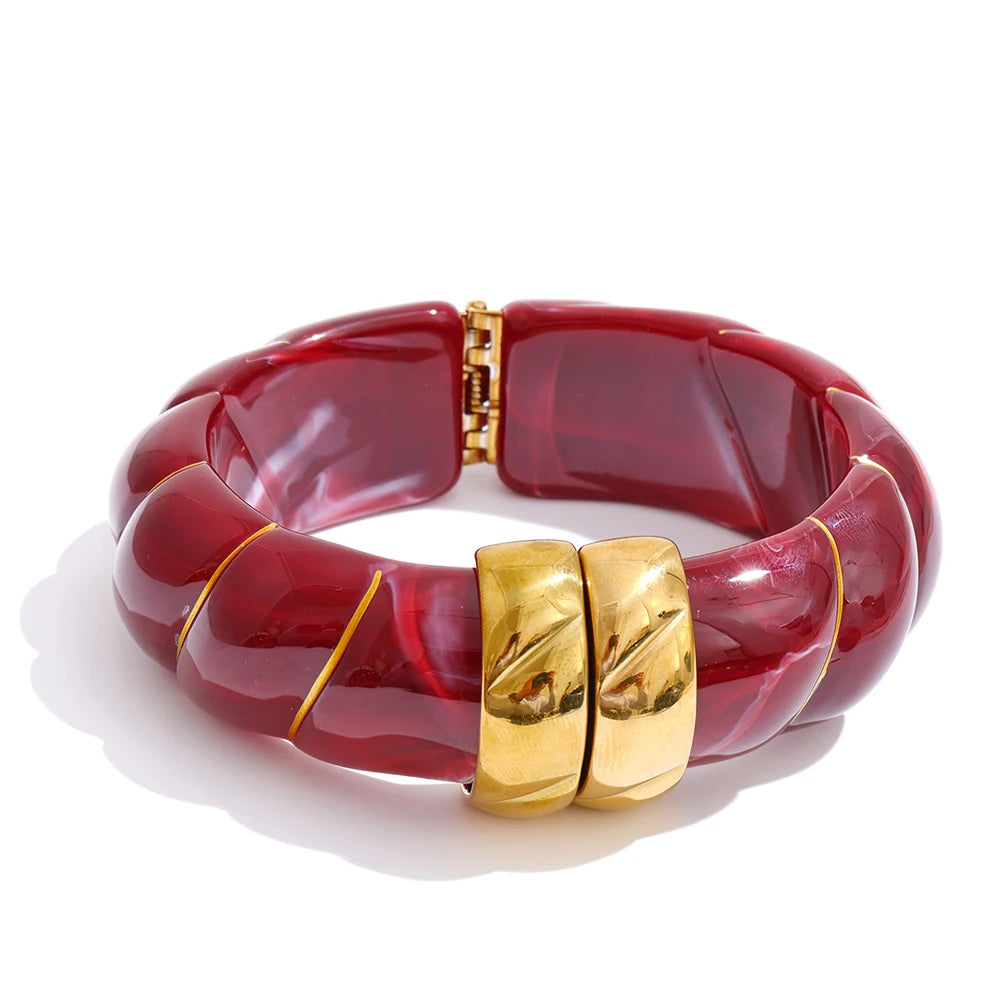 Yhpup Multi-Color Resin Statement Bracelet – Wide Acrylic Bangle with Stainless Steel Accents
