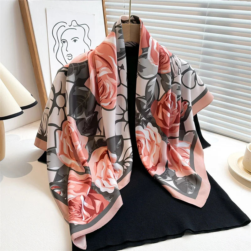 Silk Feel Scarf – Twill Square Wrap with Luxury Tree Print for Hair, Neck & Hijab