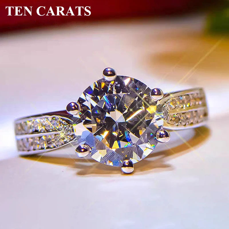 TEN CARATS Moissanite Ring – S925 Silver, 18K White Gold, Round VVS 0.5–2 ct Wedding Luxury Jewelry