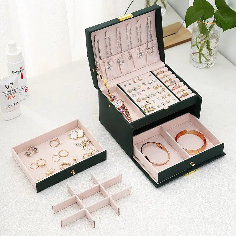 Three-Layer Leather Drawer Jewelry Box – Multi-Functional Storage with Lock for Earrings & Accessories