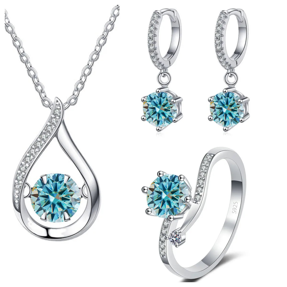 925 Silver Moissanite Jewelry Set – Solitaire Necklace, Ring & Stud Earrings for Men or Women