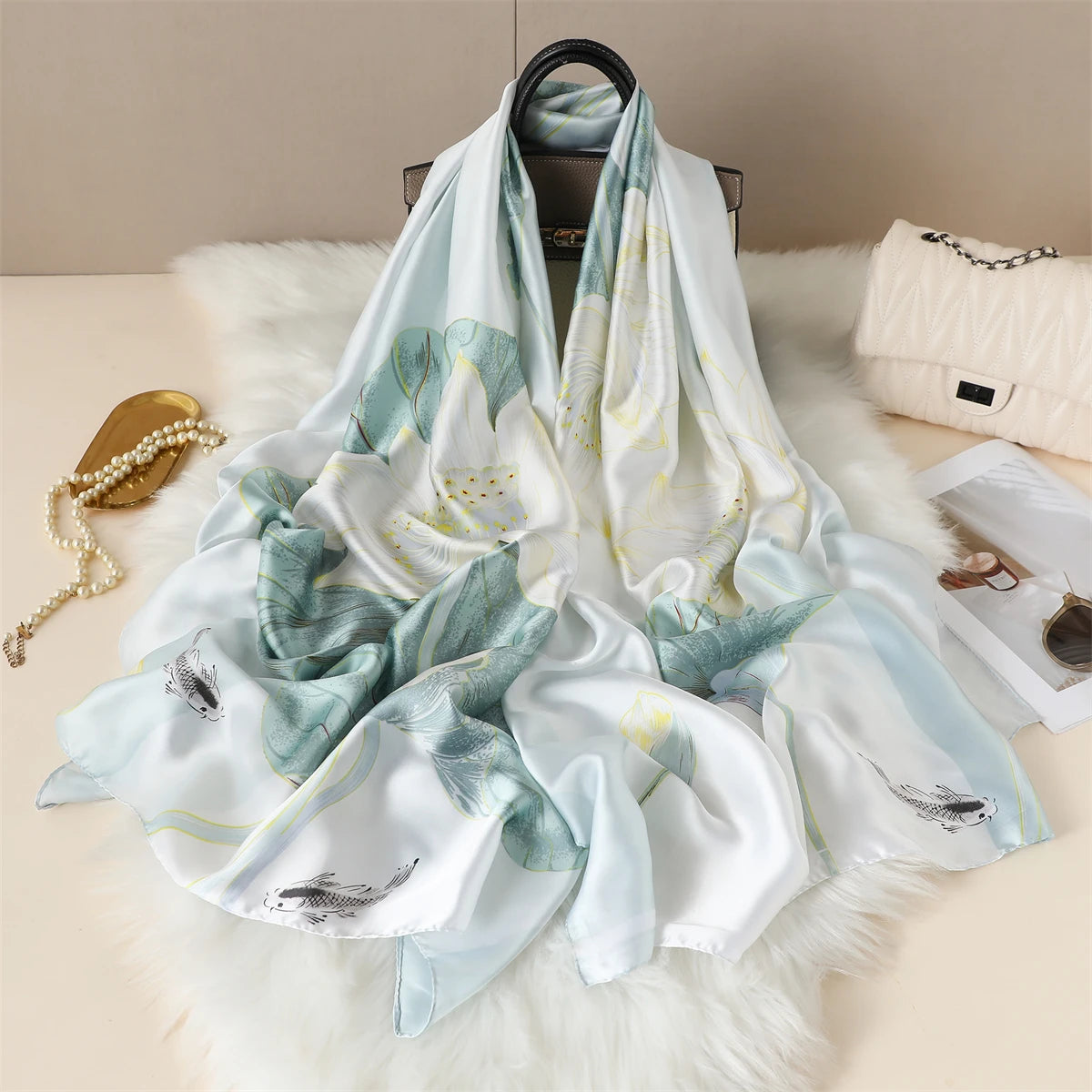 Luxury Silk Satin Scarf –  Large Wrap for Women, Elegant Beach & Hijab Style