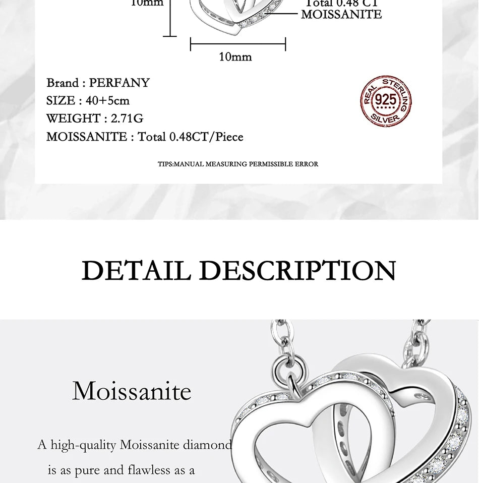 PERFANY Moissanite Double Heart Necklace – S925 Silver Luxury Lab-Diamond Pendant for Women