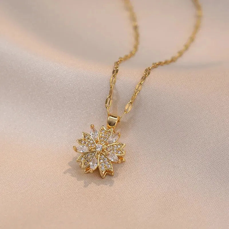 Spin Zircon Flower Necklace – Light Luxury Gold Pendant for Women, Perfect for Parties & Gifts