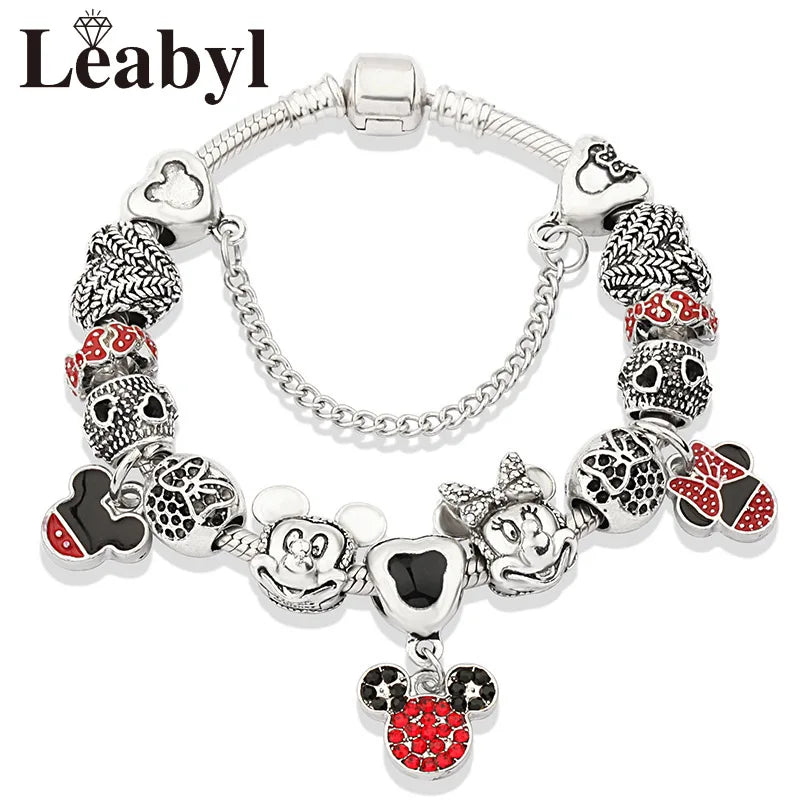 Disney Pink Crystal Charm Bracelet – Colorful Handmade Enamel Beads for Women