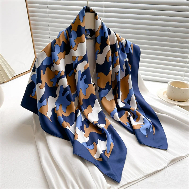Silk Feel Scarf – Twill Square Wrap with Luxury Tree Print for Hair, Neck & Hijab