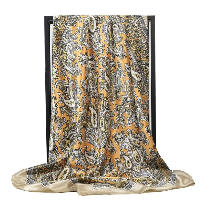 Black Cashew Print Scarf – Trendy Imitation Silk Headscarf for Spring & Summer