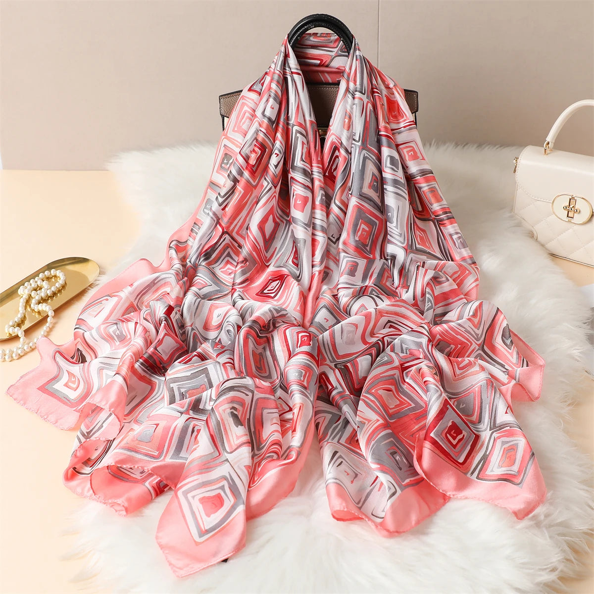 Luxury Silk Satin Scarf –  Large Wrap for Women, Elegant Beach & Hijab Style