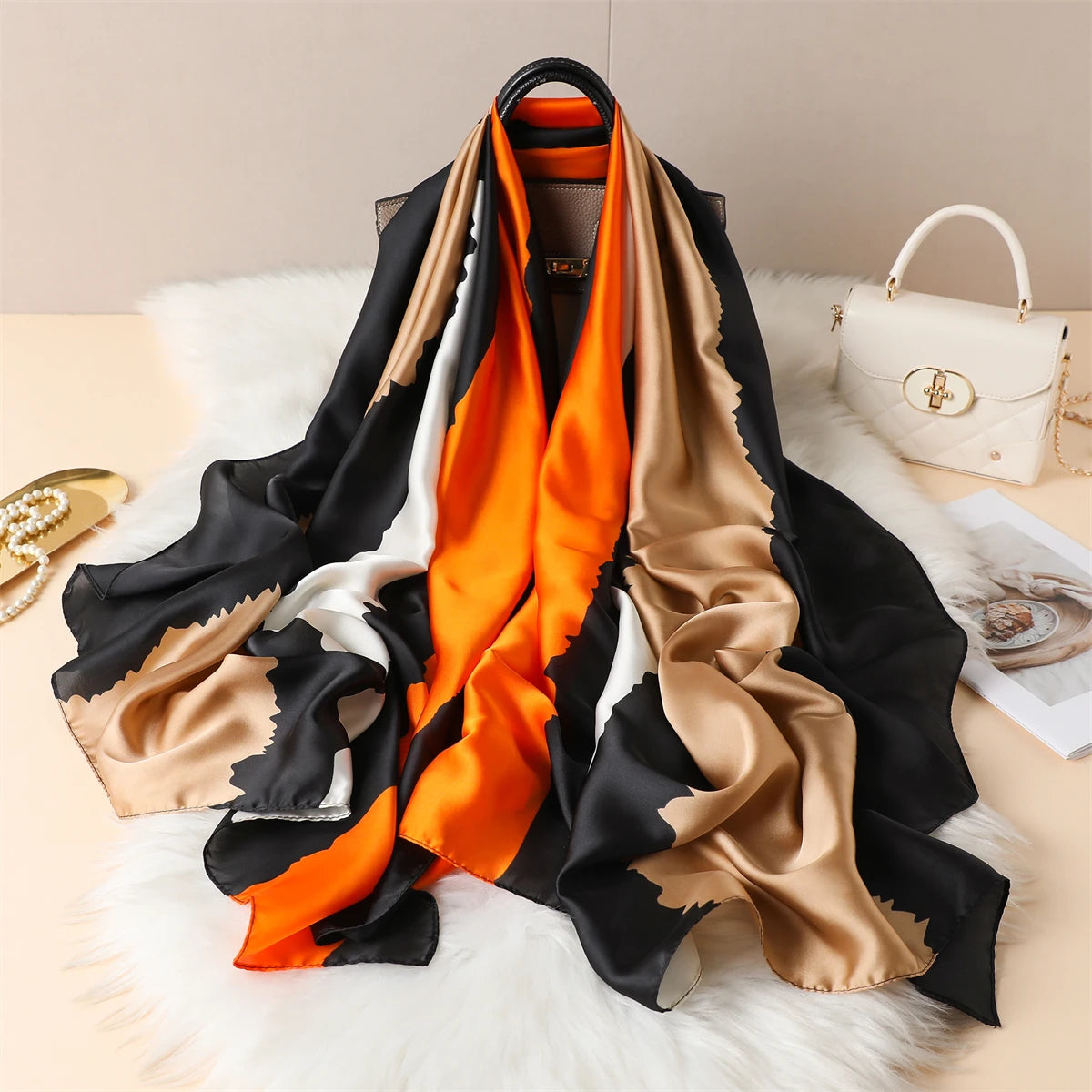 Luxury Silk Satin Scarf –  Large Wrap for Women, Elegant Beach & Hijab Style
