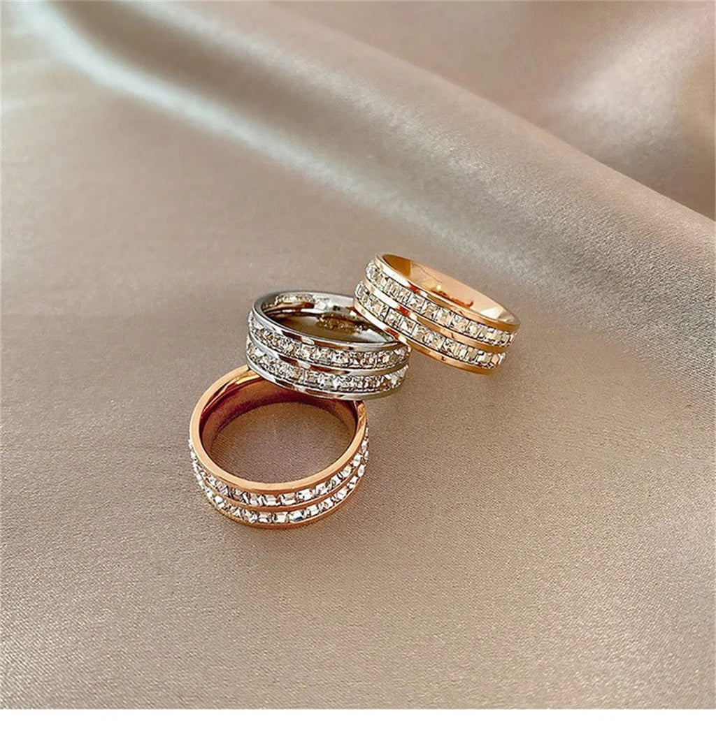 Rose Gold Double-Row Zircon Ring – Romantic Square-Cut Stainless Steel Band for Weddings & Parties