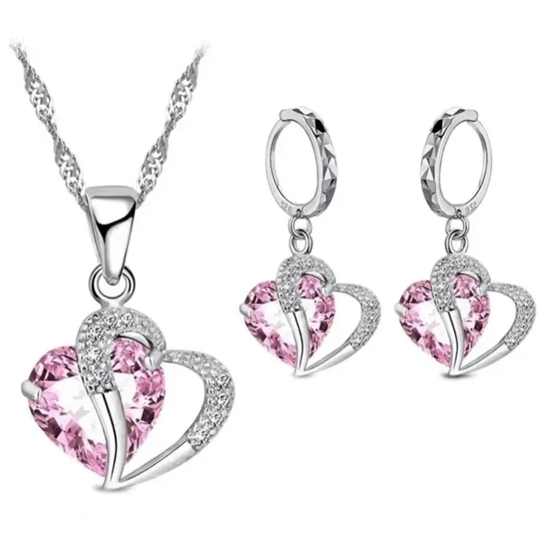 2-Piece Heart Jewelry Set – Metal Necklace & Earrings with Blue Glass Stone & CZ Gem Accents