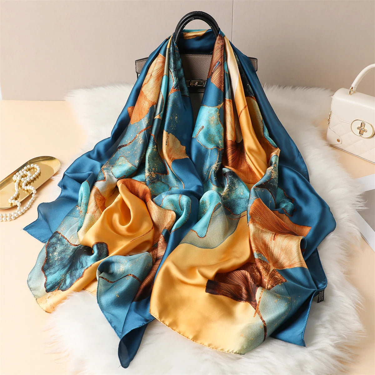 Luxury Silk Satin Scarf –  Large Wrap for Women, Elegant Beach & Hijab Style