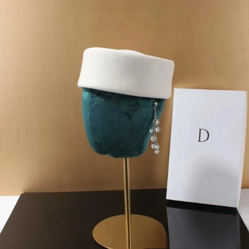 Vintage Wool Felt Beret – Elegant Hard-Top Pillbox Fedora for Weddings & Cocktail Parties
