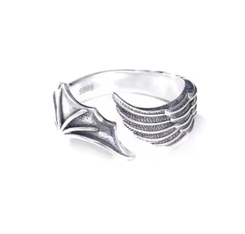 FTCY Angel & Devil Wing Rings – 2-Piece Adjustable Vintage Silver Couple Set for Men & Women