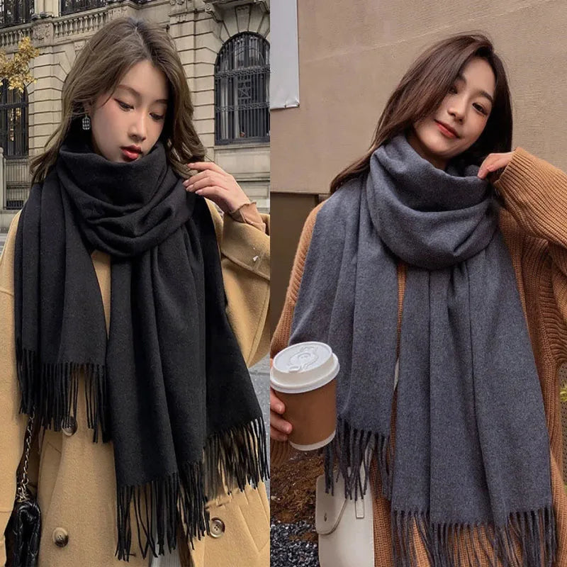 Black Cashmere Wool Scarf – Warm Checkered Winter Shawl for Women