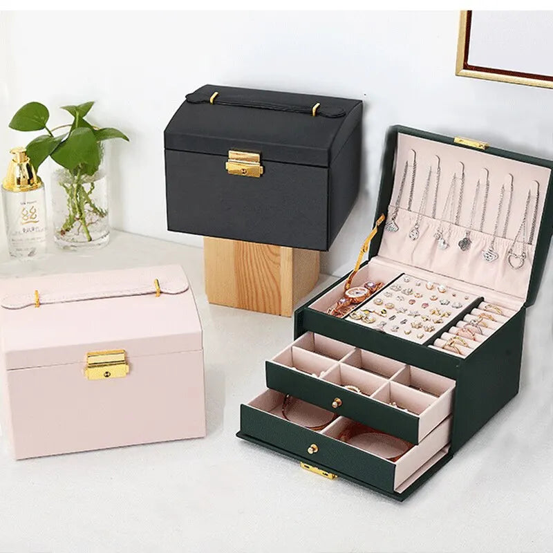 Three-Layer Leather Drawer Jewelry Box – Multi-Functional Storage with Lock for Earrings & Accessories