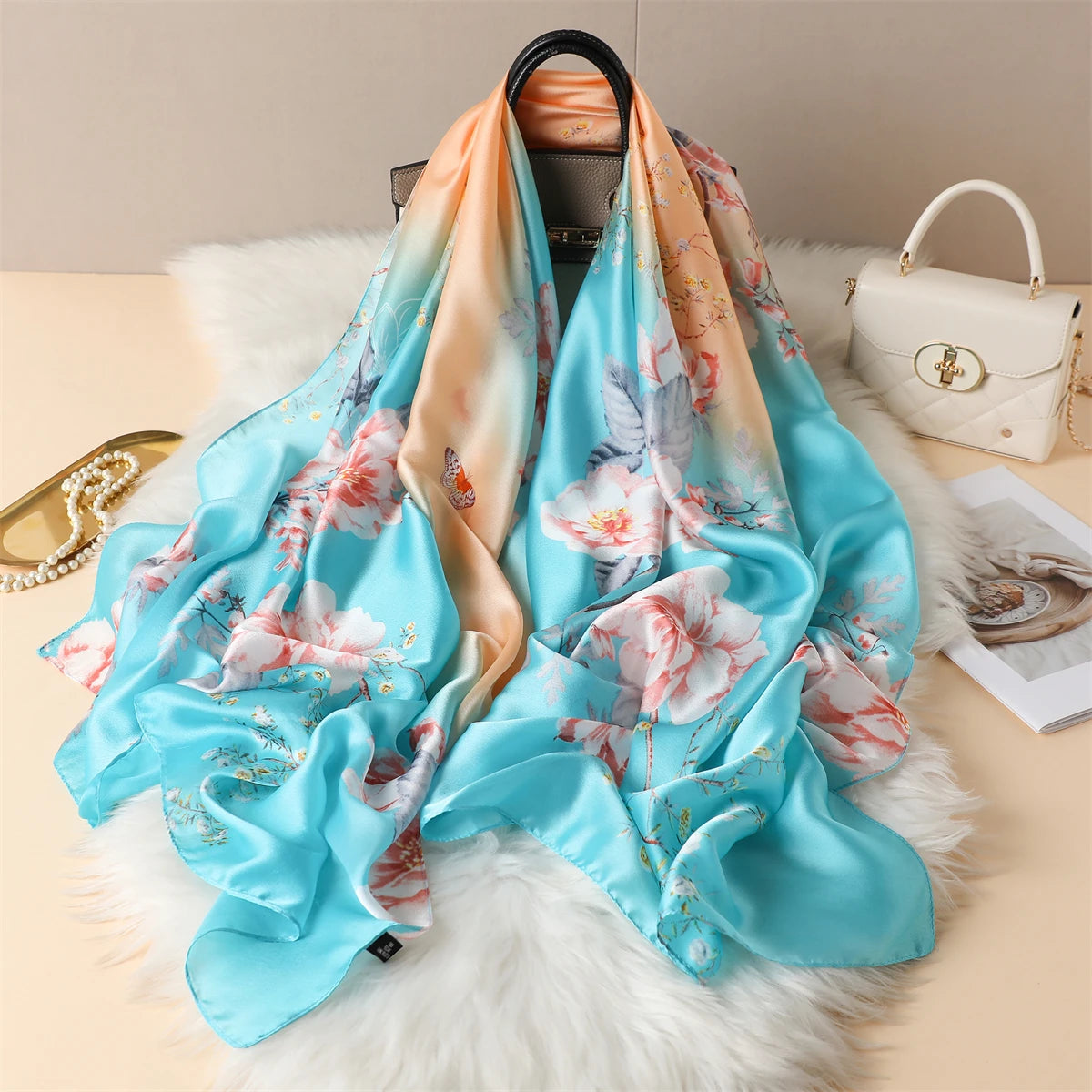 Luxury Silk Satin Scarf –  Large Wrap for Women, Elegant Beach & Hijab Style