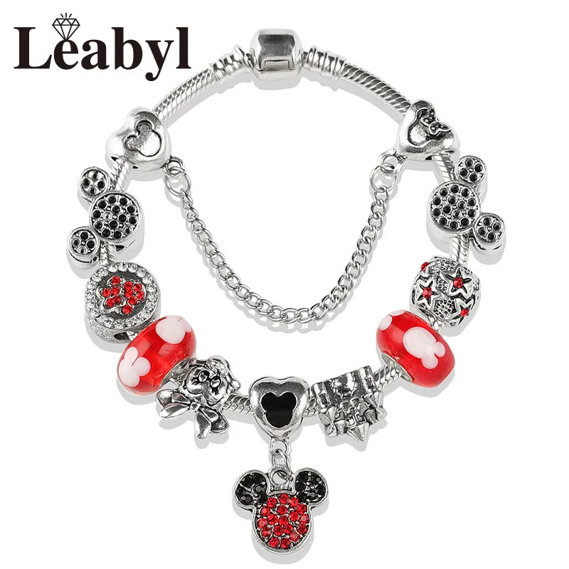 Disney Pink Crystal Charm Bracelet – Colorful Handmade Enamel Beads for Women