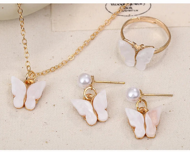 4-Piece Butterfly Jewelry Set – Imitation Pearl Necklace & Earrings for Women and Girls