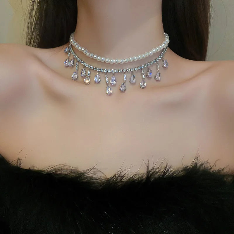 Luxury Crystal Rhinestone Choker – Multi-Layer Pearl Chain Necklace for Parties & Weddings