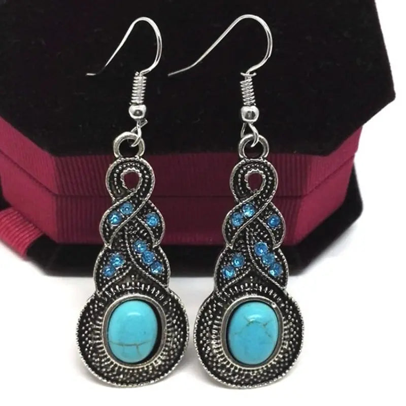 3-Piece Vintage Turquoise Jewelry Set – Blue Crystal Pendant Necklace & Matching Earrings for Men and Women