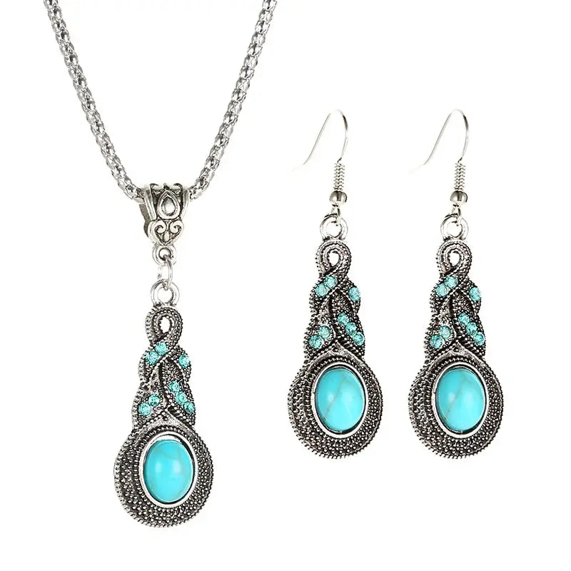 3-Piece Vintage Turquoise Jewelry Set – Blue Crystal Pendant Necklace & Matching Earrings for Men and Women