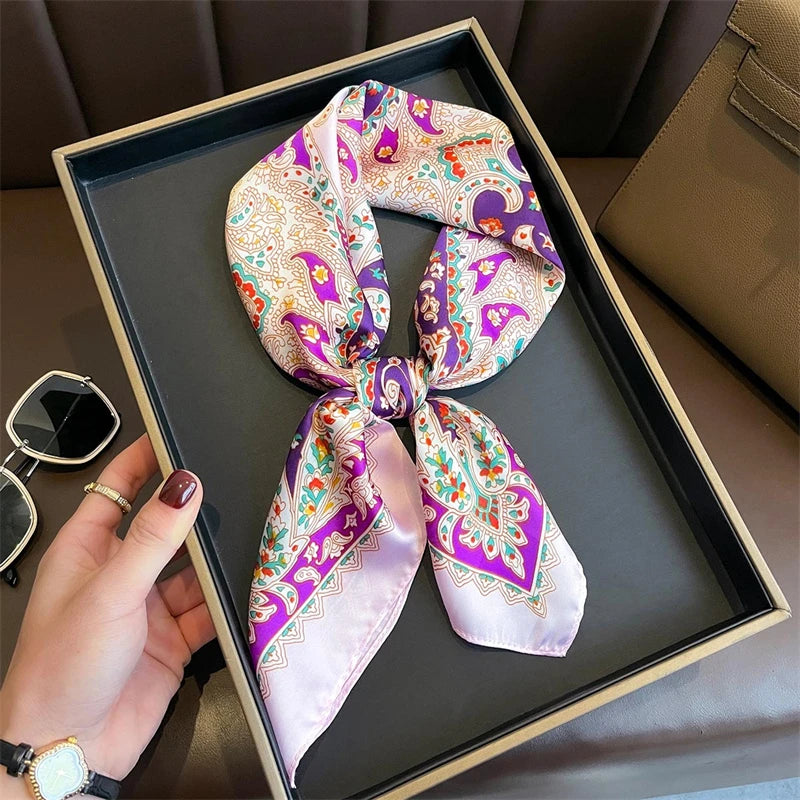 Bohemian Floral Silk Scarf – Luxury Square Satin Wrap for Hair, Neck & Hijab