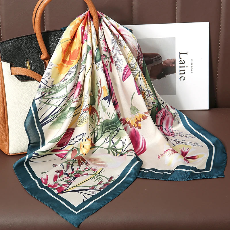 Luxury Silk Satin Scarf – 2023 Square Print Design for Women’s Hijab, Hair & Neck Styling