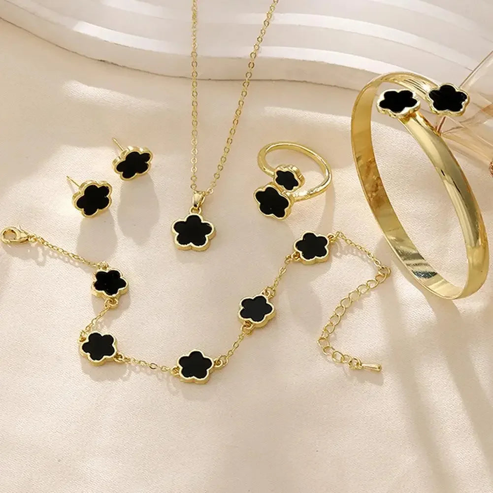 5-Piece Plum Blossom Jewelry Set – Elegant Floral Earrings, Ring, Bracelet & Necklace Gift Set