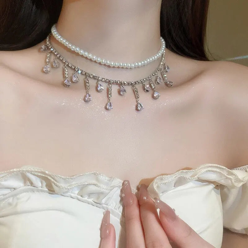 Luxury Crystal Rhinestone Choker – Multi-Layer Pearl Chain Necklace for Parties & Weddings