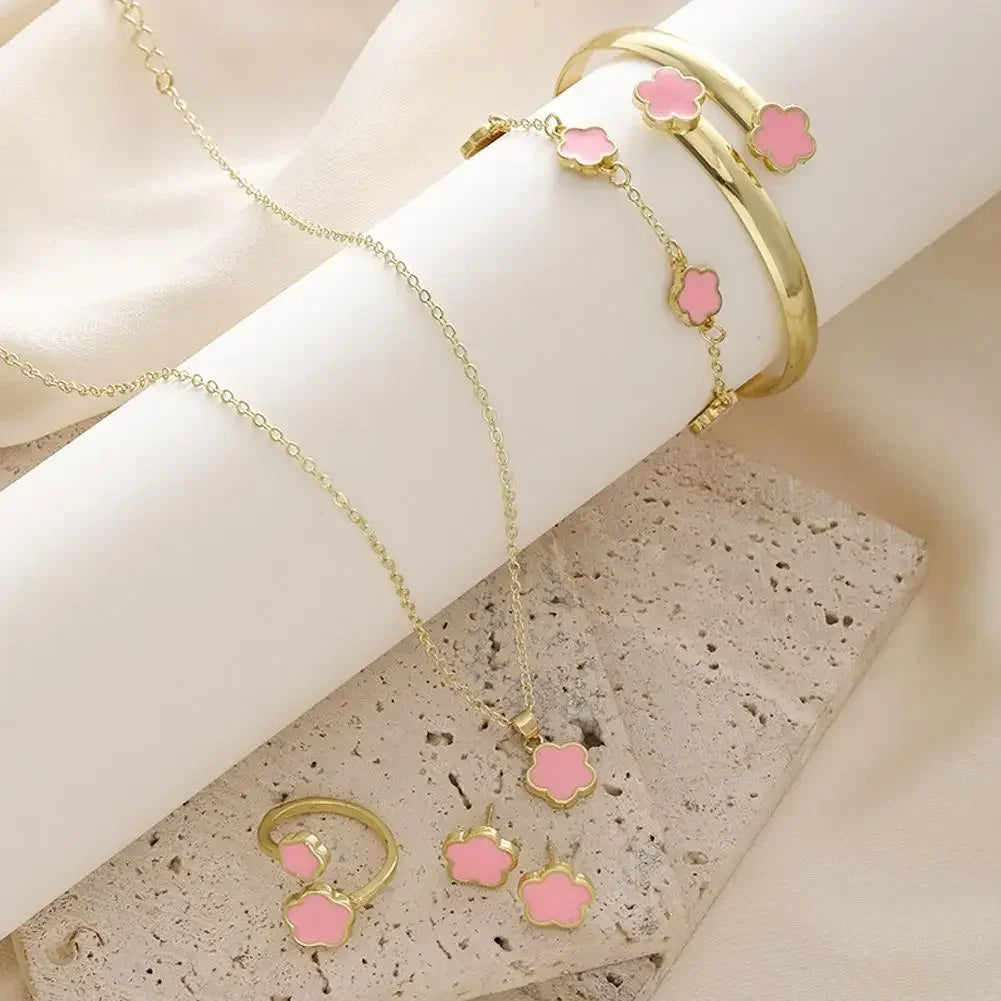 5-Piece Plum Blossom Jewelry Set – Elegant Floral Earrings, Ring, Bracelet & Necklace Gift Set