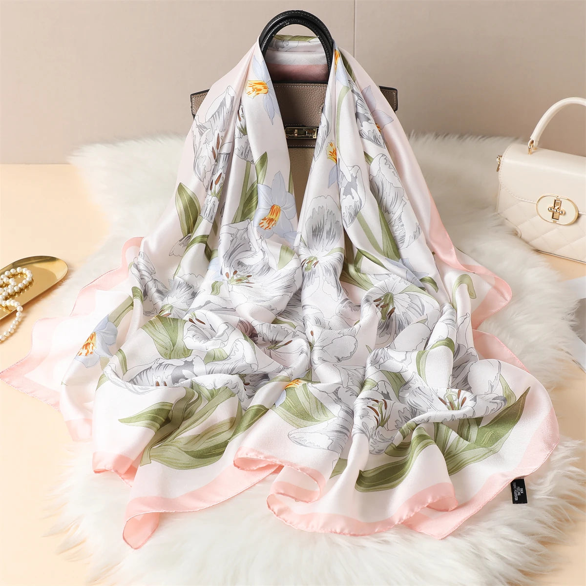 Luxury Silk Satin Scarf –  Large Wrap for Women, Elegant Beach & Hijab Style