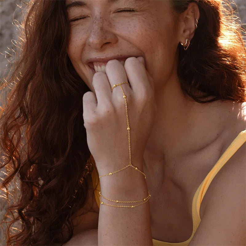 Minimalist Chain Hand Bracelet – Delicate Finger-Connected Design with Vintage Bead Details