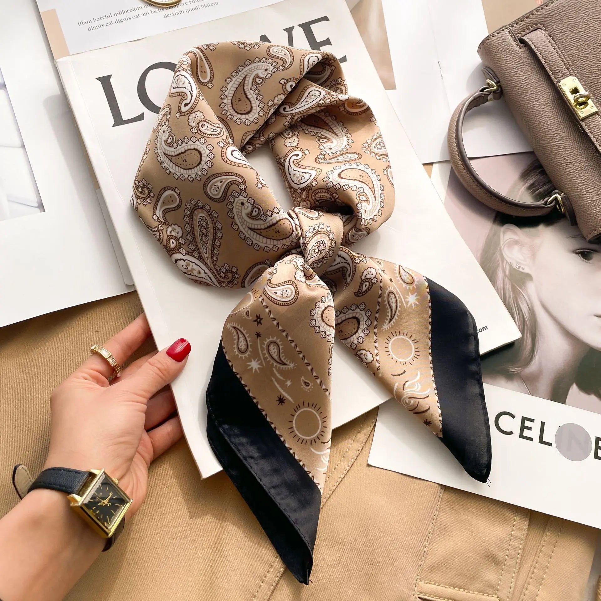 Luxury Silk Square Scarf – Designer Satin Neckerchief for Hair, Purse & Head Styling