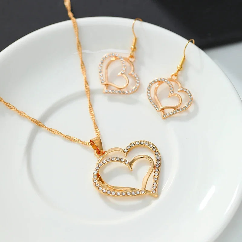 3-Piece Double Heart Jewelry Set – Rhinestone Necklace & Earrings for Women