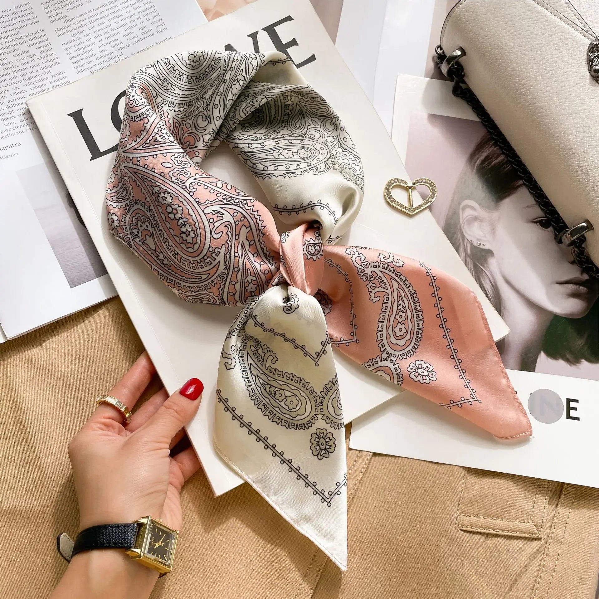 Luxury Silk Square Scarf – Designer Satin Neckerchief for Hair, Purse & Head Styling