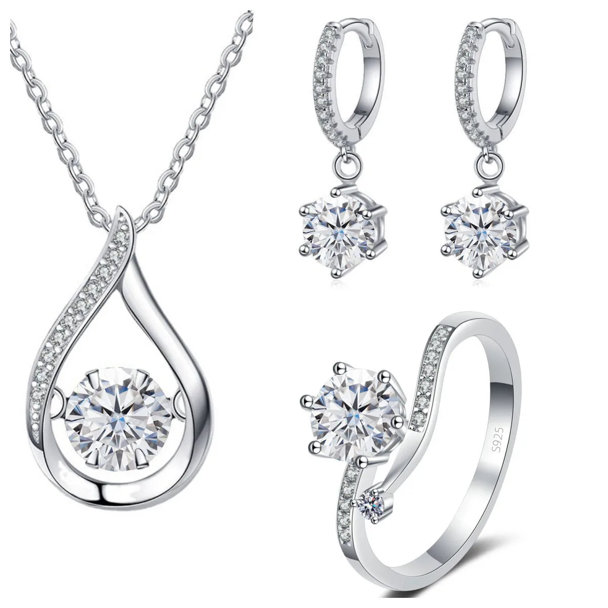 925 Silver Moissanite Jewelry Set – Solitaire Necklace, Ring & Stud Earrings for Men or Women