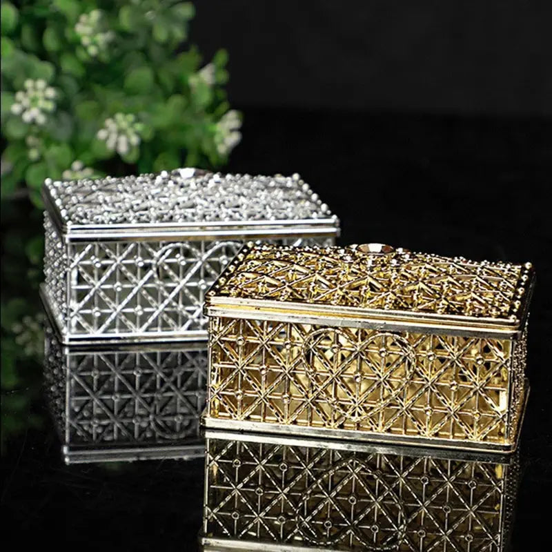 2-Piece Mini Treasure Jewelry Boxes – Silver Hollow Flower Cases for Rings, Earrings & Necklaces
