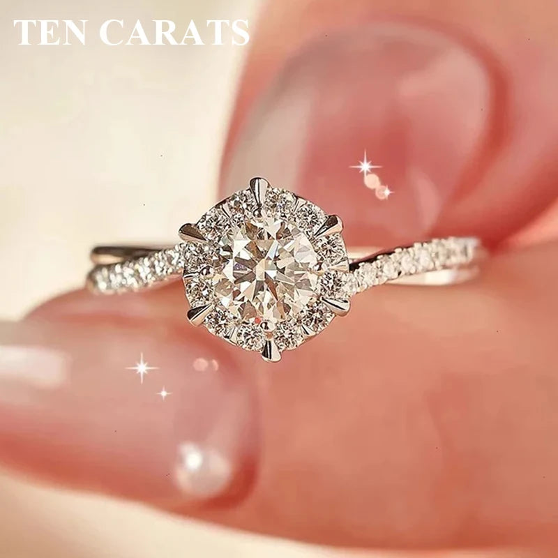 TEN CARATS Moissanite Ring – S925 Silver, 18K White Gold, Round VVS 0.5–2 ct Wedding Luxury Jewelry