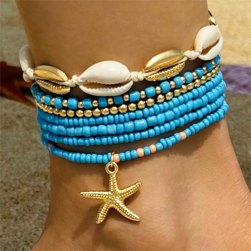 Bohemian Shell & Turquoise Choker – Handwoven Starfish Necklace for Summer Beach Style
